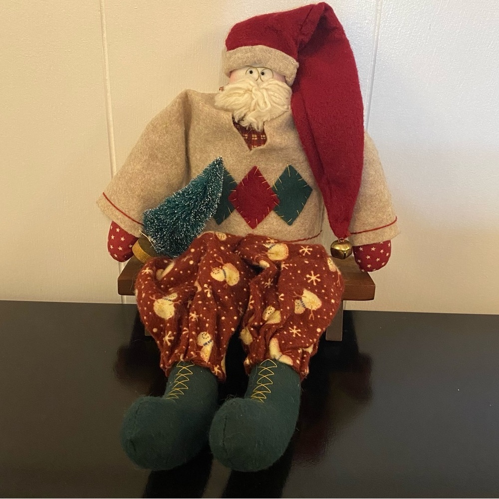 Handmade Country Santa Doll with Bottle Brush Tree White Whiskers Flannel Outfit